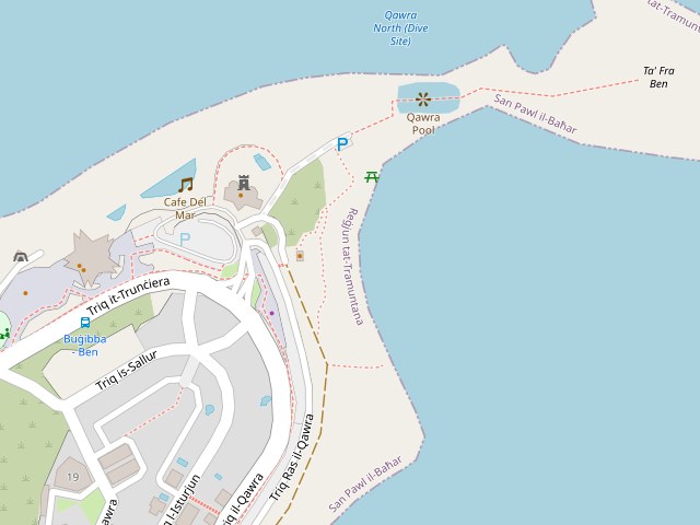 OpenStreetMap of the Qawra promenade with Mamma Carm Kiosk marked on the seafront